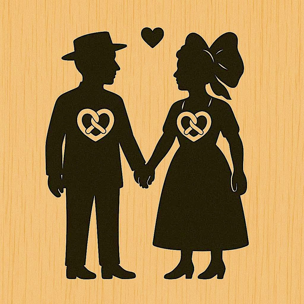 Silhouettes d'un couple alsacien en costume traditionnel se tenant la main, cœur-bretzel sur la poitrine